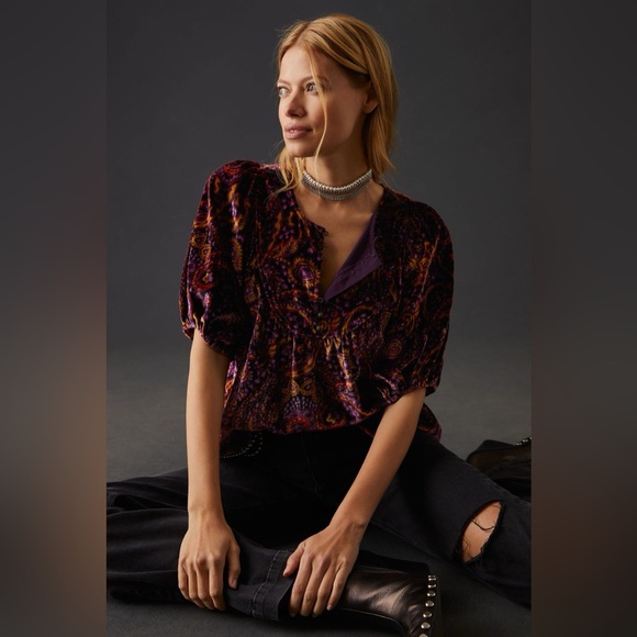 Anthropologie Puff-Sleeve Velour Peasant Paisley Blouse - Picture 2 of 13